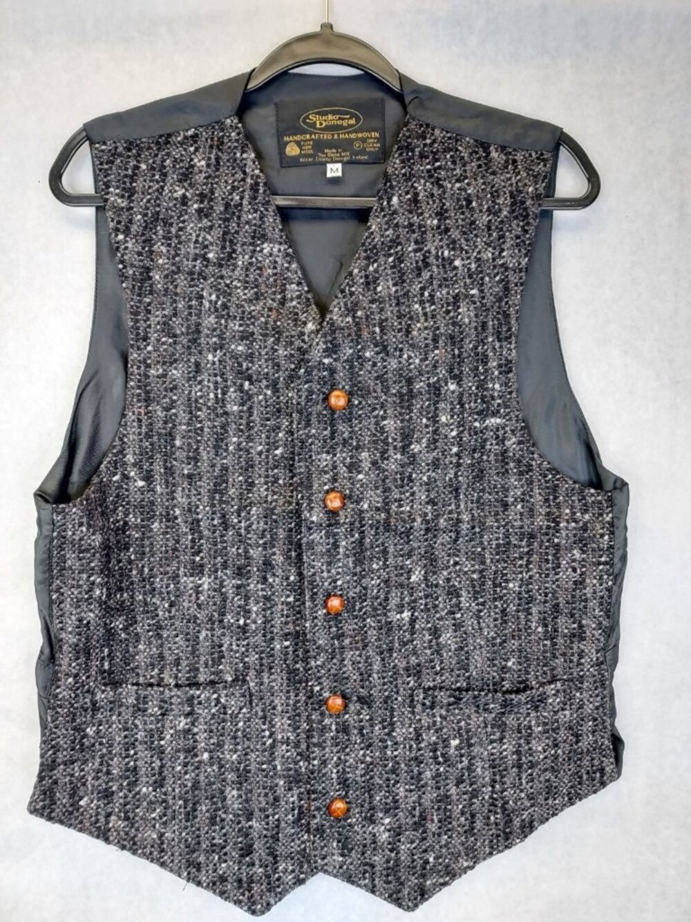 Studio Donegal Wool Vest Men's M Hand Woven Waistcoat Tweed Irish Charcoal Grey